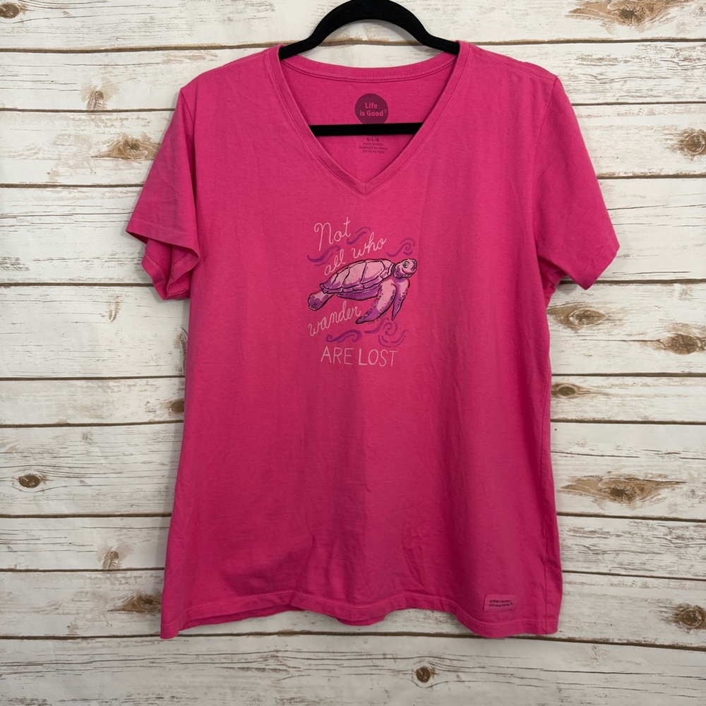Life is Good Pink Turtle V-neck Short Sleeve Graphic Tee T-shirt